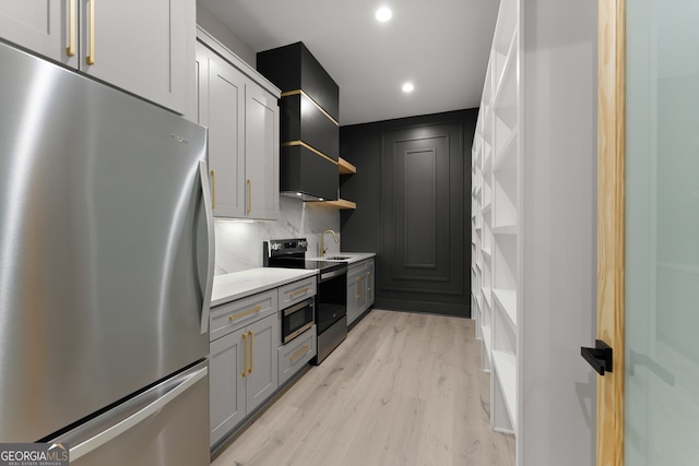 kitchen featuring backsplash, open shelves, a sink, light wood-type flooring, and stainless steel appliances