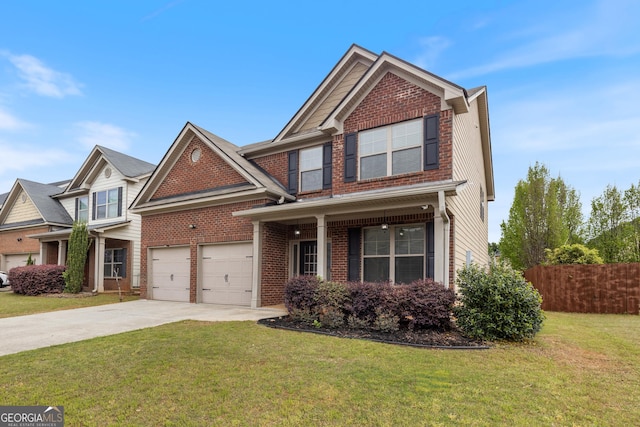 view of front of property featuring a front yard, fence, brick siding, and concrete driveway