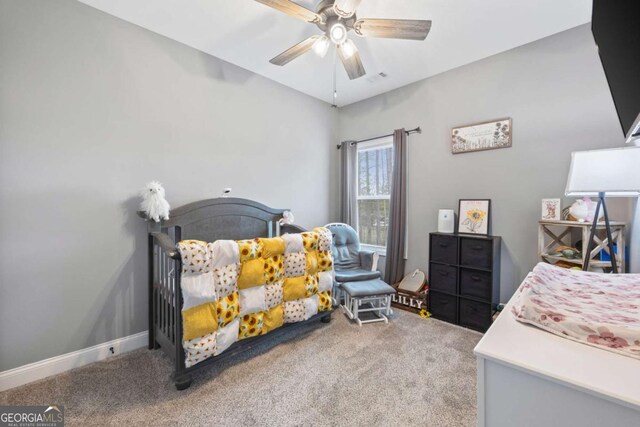 121 Tricias Way, Temple, GA 30179 - bedroom with baseboards, ceiling fan, visible vents, and light colored carpet