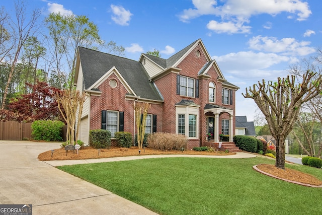 view of front of property featuring fence, a garage, a front yard, brick siding, and driveway