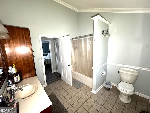 full bathroom with vanity, ornamental molding, toilet, shower / bath combo, and baseboards