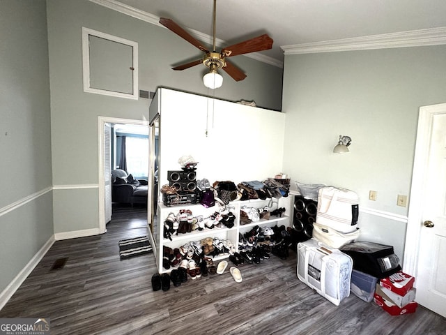 miscellaneous room featuring ornamental molding, baseboards, a ceiling fan, and wood finished floors