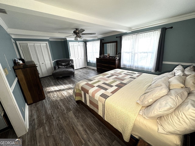 bedroom with dark wood-style flooring, two closets, crown molding, visible vents, and ceiling fan