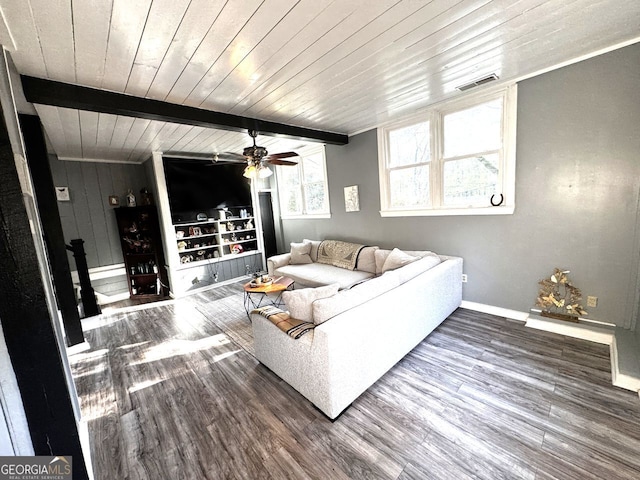 living room featuring a ceiling fan, visible vents, wood ceiling, wood finished floors, and beam ceiling