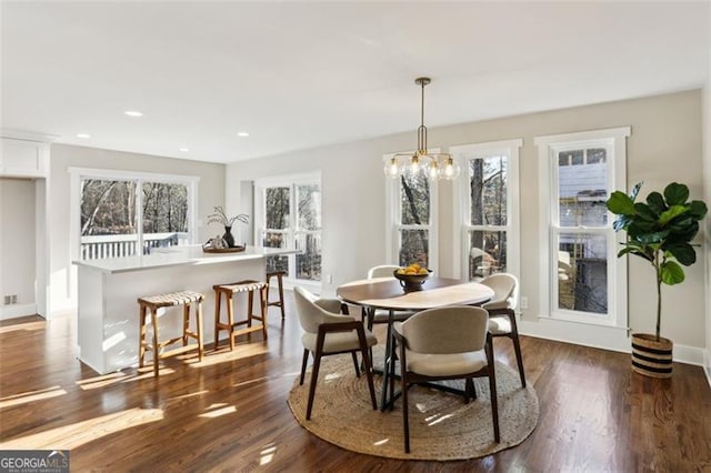 645 Trailmore Pl, Roswell, GA 30076 - dining room with healthy amount of natural light, dark wood-style flooring, a chandelier, and recessed lighting