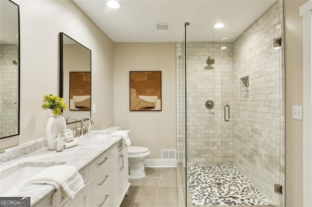 645 Trailmore Pl, Roswell, GA 30076 - full bathroom featuring a stall shower, double vanity, tile patterned floors, and recessed lighting