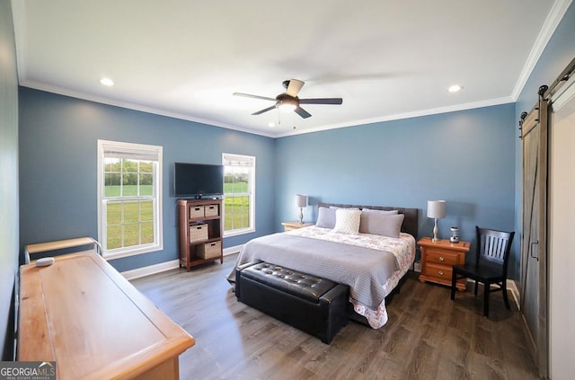 2587 Moons Grove Church Rd, Colbert, GA 30628 - bedroom featuring a barn door, wood finished floors, ornamental molding, recessed lighting, and ceiling fan