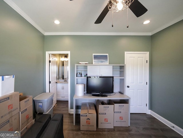 2587 Moons Grove Church Rd, Colbert, GA 30628 - office area with ceiling fan, ornamental molding, dark wood-style floors, and recessed lighting