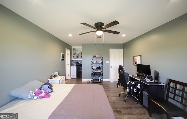 2587 Moons Grove Church Rd, Colbert, GA 30628 - home office featuring ceiling fan, dark wood-type flooring, recessed lighting, and built in shelves