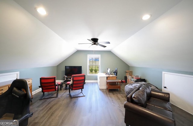 2587 Moons Grove Church Rd, Colbert, GA 30628 - living room featuring wood finished floors, ceiling fan, lofted ceiling, and recessed lighting