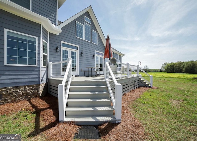 2587 Moons Grove Church Rd, Colbert, GA 30628 - wooden terrace featuring french doors, stairway, and a lawn