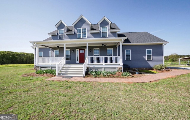 2587 Moons Grove Church Rd, Colbert, GA 30628 - view of front of house with a ceiling fan, covered porch, and a front lawn