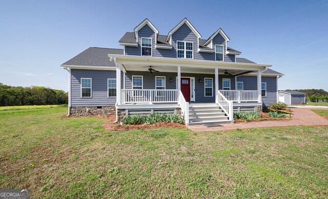 2587 Moons Grove Church Rd, Colbert, GA 30628 - view of front facade with covered porch, ceiling fan, a front lawn, and crawl space
