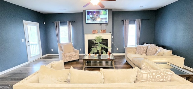 113 Citadel Dr, Hampton, GA 30228 - living area featuring wood finished floors, ceiling fan, and a fireplace