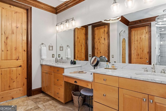 full bath with crown molding, vanity, baseboards, and tile patterned flooring
