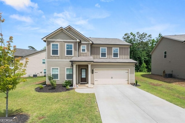 craftsman-style home featuring driveway, central air condition unit, an attached garage, board and batten siding, and a front lawn