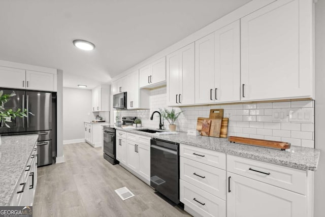 5198 Holly Springs Rd, Pendergrass, GA 30567 - kitchen with decorative backsplash, a sink, visible vents, white cabinets, and black appliances