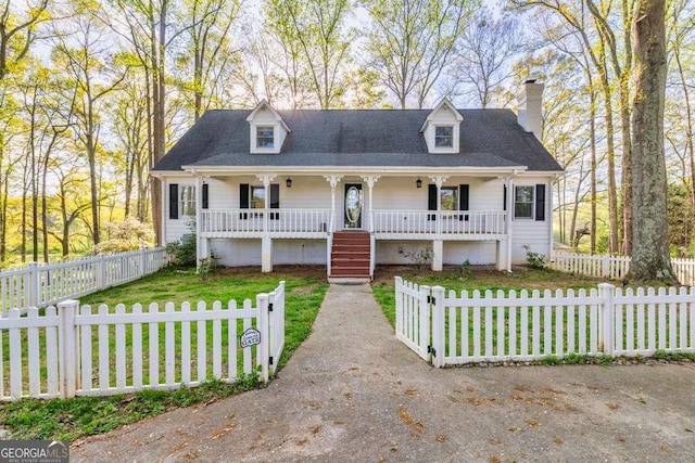 new england style home with a chimney, a front yard, a fenced front yard, driveway, and a porch