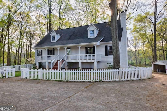 cape cod home featuring a chimney, a fenced front yard, a porch, and roof with shingles
