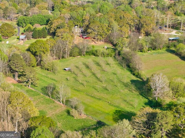 bird's eye view featuring a wooded view