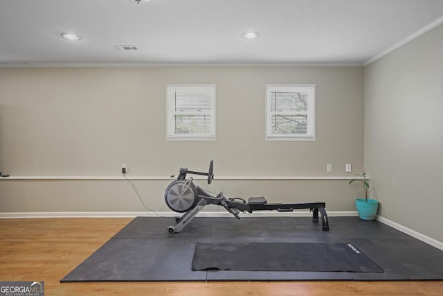 3916 S Martin Way, Lithia Springs, GA 30122 - exercise room with recessed lighting, baseboards, wood finished floors, visible vents, and ornamental molding