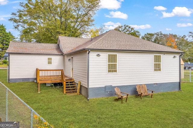 68 Hayes St, Toccoa, GA 30577 - back of property featuring crawl space, a wooden deck, and roof with shingles