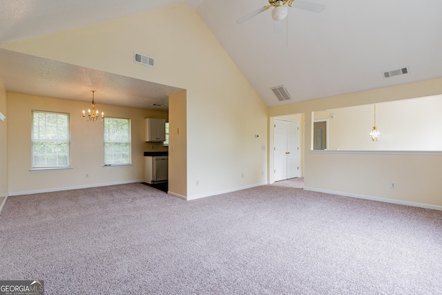 unfurnished living room featuring light carpet, ceiling fan with notable chandelier, visible vents, and high vaulted ceiling