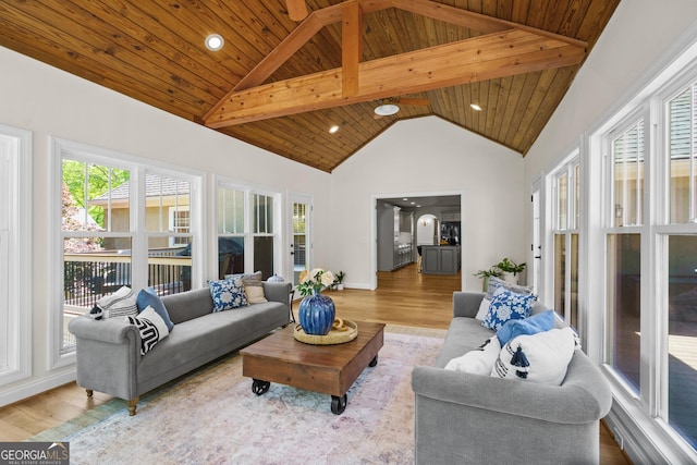 living area featuring wood finished floors, high vaulted ceiling, wooden ceiling, and recessed lighting