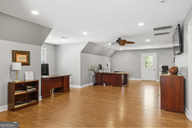office with ceiling fan, light wood-style floors, and baseboards