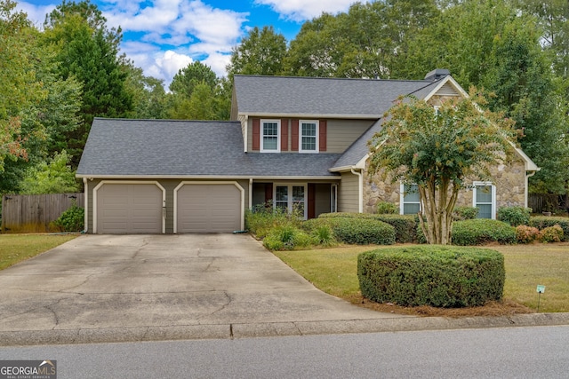 3420 Sweetbriar Ln, Powder Springs, GA 30127 - view of front of property featuring fence, a garage, concrete driveway, a front lawn, and a shingled roof
