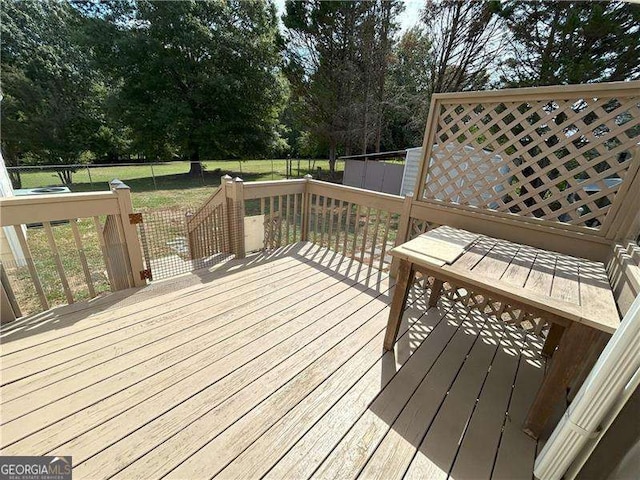 wooden deck featuring a lawn and a fenced backyard