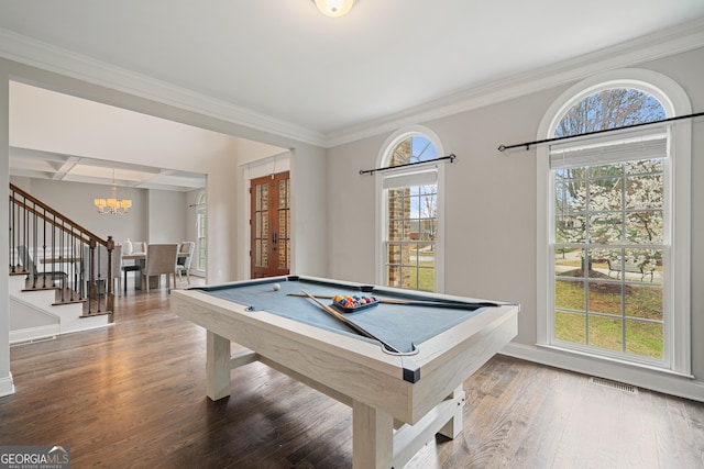 recreation room featuring visible vents, baseboards, wood finished floors, pool table, and a notable chandelier