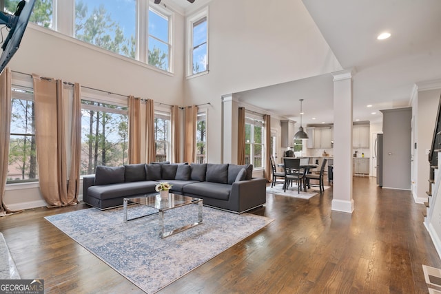 living room with dark wood-style flooring, baseboards, ornate columns, ornamental molding, and recessed lighting