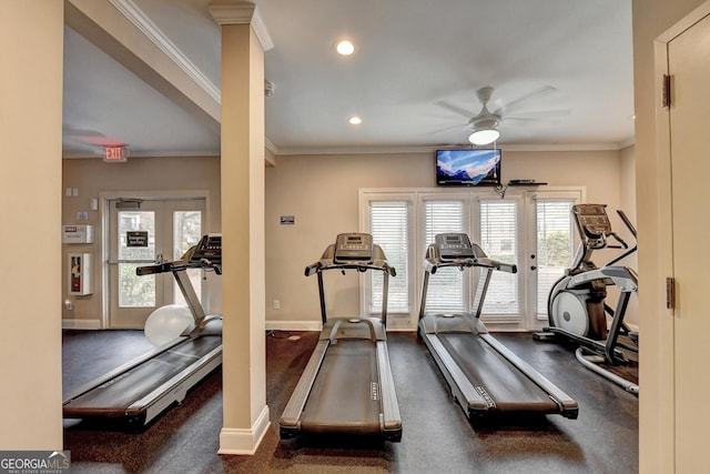 gym featuring baseboards, ceiling fan, ornamental molding, and french doors