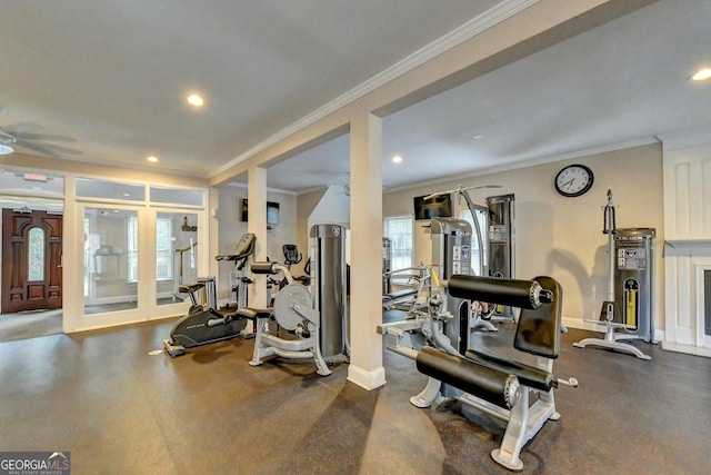 gym with baseboards, ornamental molding, recessed lighting, and a ceiling fan