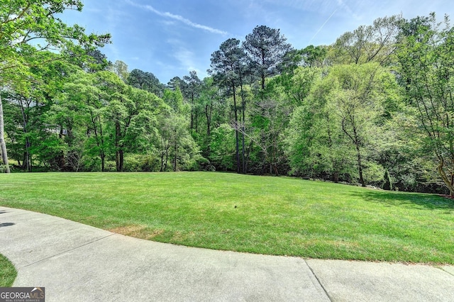 view of yard featuring a forest view