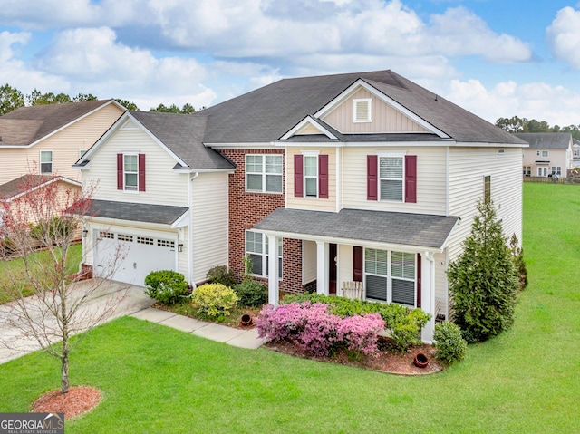 traditional-style house featuring a front lawn, a garage, covered porch, board and batten siding, and concrete driveway