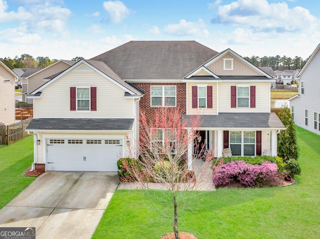 traditional-style home with driveway, board and batten siding, a front lawn, and a garage