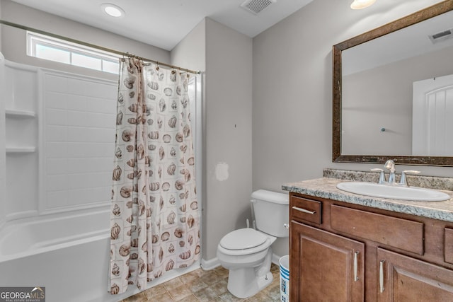 bathroom with toilet, shower / bath combination with curtain, visible vents, and vanity
