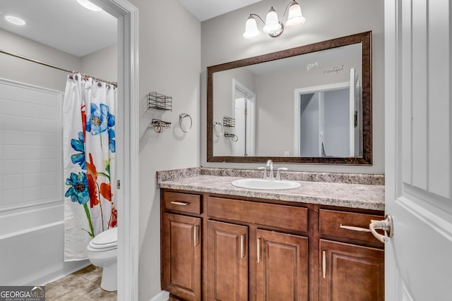 bathroom featuring tile patterned floors, shower / bath combination with curtain, toilet, and vanity