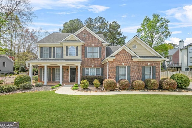 4522 Willow Oak Trl, Powder Springs, GA 30127 - view of front of property featuring covered porch, brick siding, a front yard, and fence