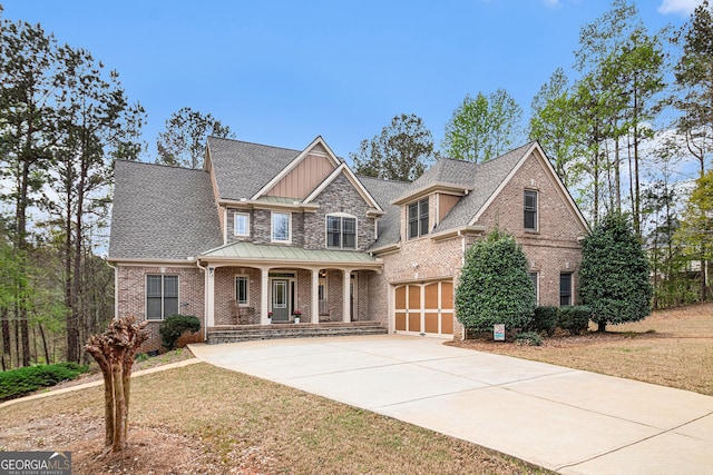 7497 Treehouse Ct, Douglasville, GA 30135 - craftsman-style home featuring a porch, board and batten siding, brick siding, concrete driveway, and an attached garage