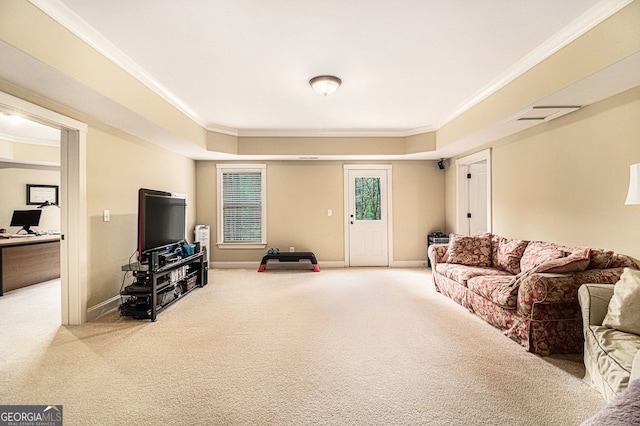 7497 Treehouse Ct, Douglasville, GA 30135 - carpeted living area featuring crown molding, baseboards, and a raised ceiling