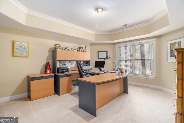 7497 Treehouse Ct, Douglasville, GA 30135 - office area with crown molding, baseboards, visible vents, and light colored carpet