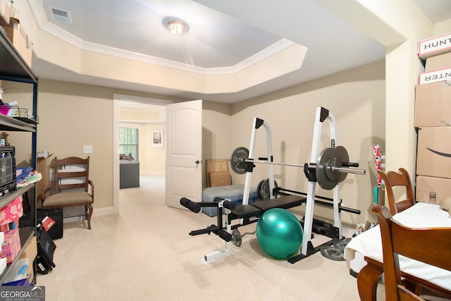 7497 Treehouse Ct, Douglasville, GA 30135 - exercise area with carpet flooring, baseboards, a tray ceiling, visible vents, and ornamental molding