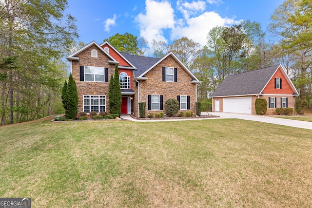view of front of home with brick siding, a garage, a front yard, an outdoor structure, and driveway