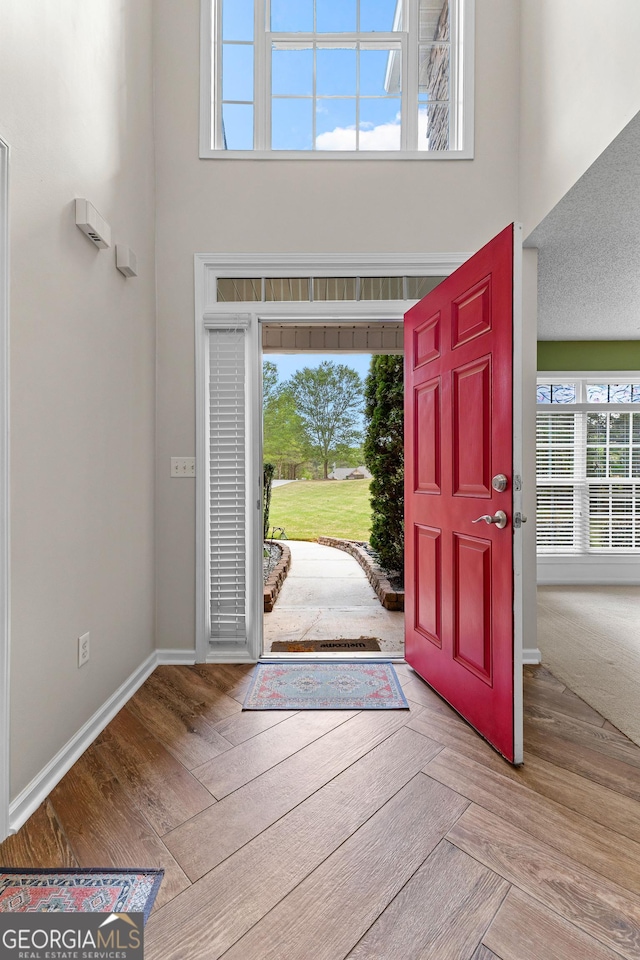 entryway featuring baseboards, a towering ceiling, and wood finished floors