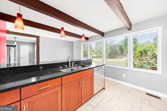 kitchen with visible vents, stainless steel dishwasher, a sink, decorative light fixtures, and brown cabinetry