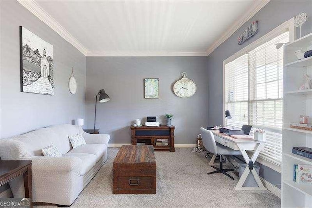 office area with baseboards, carpet floors, and ornamental molding