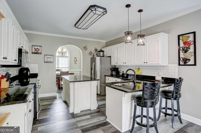 kitchen with white cabinetry, wood finished floors, a peninsula, a center island, and stainless steel appliances